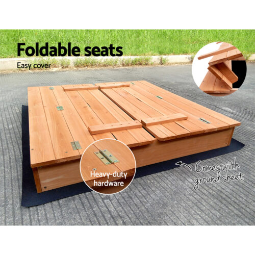 Keezi Kids Sandpit Wooden Sandbox Sand Pit Foldable Seat Outdoor Beach Toys 90cm - Image 7