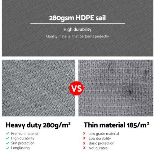 Instahut Shade Sail 5x5x5m Triangle 280GSM 98% Grey Shade Cloth - Image 6