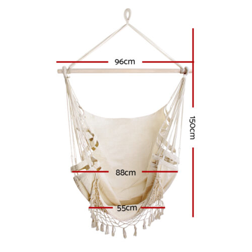 Gardeon Hanging Hammock Chair Outdoor Swing Hammocks Tassel Cream - Image 3