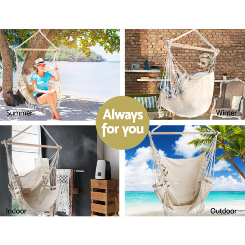 Gardeon Hanging Hammock Chair Outdoor Swing Hammocks Tassel Cream - Image 4