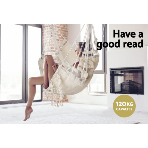 Gardeon Hanging Hammock Chair Outdoor Swing Hammocks Tassel Cream - Image 5