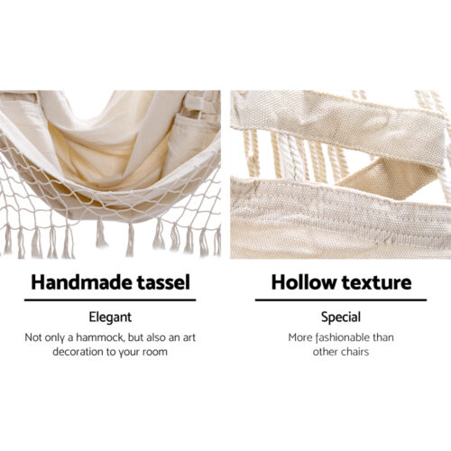 Gardeon Hanging Hammock Chair Outdoor Swing Hammocks Tassel Cream - Image 7