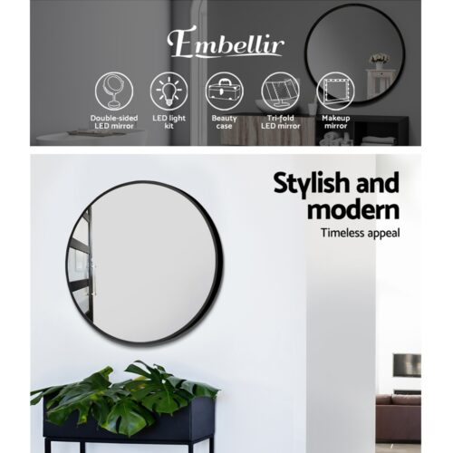 Embellir Wall Mirror Makeup 50cm Home Decor Framed Mirrors Bathroom Round Black - Image 5