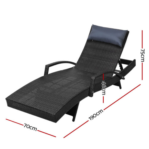 Gardeon Sun Lounge Wicker Lounger Outdoor Furniture Beach Chair Armrest Adjustable Black - Image 3