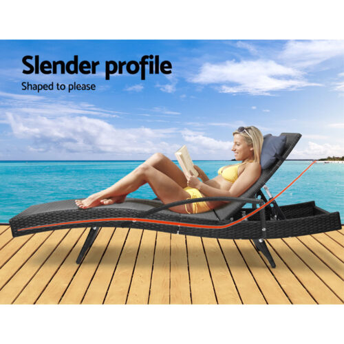 Gardeon Sun Lounge Wicker Lounger Outdoor Furniture Beach Chair Armrest Adjustable Black - Image 5