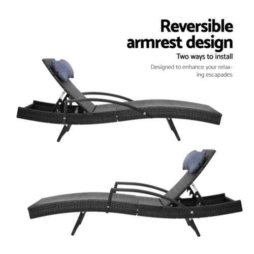 Gardeon Sun Lounge Wicker Lounger Outdoor Furniture Beach Chair Armrest Adjustable Black - Image 8