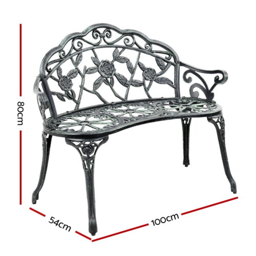Gardeon Outdoor Garden Bench Seat 100cm Cast Aluminium Patio Chair Vintage Green - Image 3