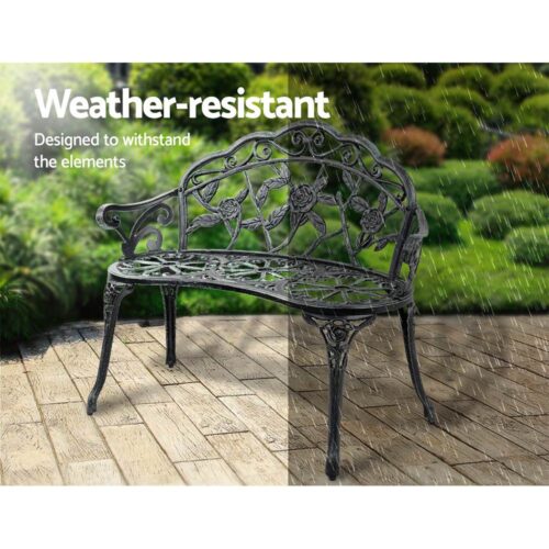 Gardeon Outdoor Garden Bench Seat 100cm Cast Aluminium Patio Chair Vintage Green - Image 7