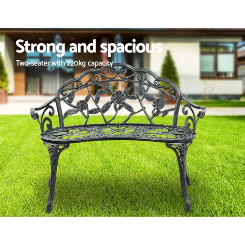 Gardeon Outdoor Garden Bench Seat 100cm Cast Aluminium Patio Chair Vintage Green - Image 8