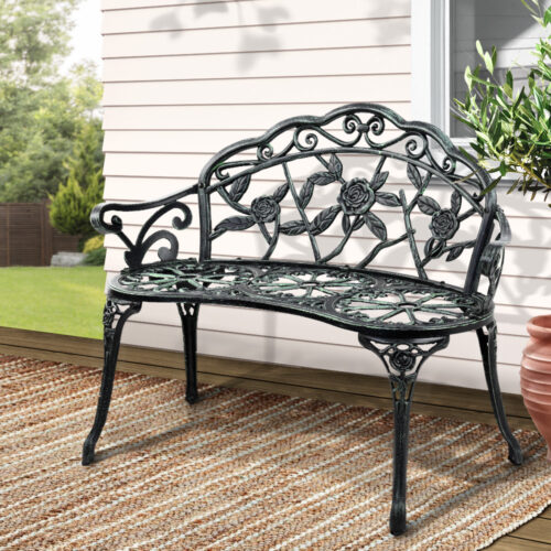 Gardeon Outdoor Garden Bench Seat 100cm Cast Aluminium Patio Chair Vintage Green - Image 9