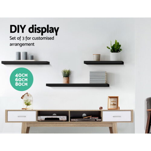 Artiss Floating Wall Shelf Set of 3 Black - Image 4