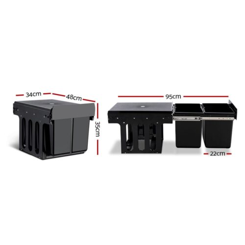 Cefito Pull Out Bin Kitchen Double Basket 2X15L Black - Image 3