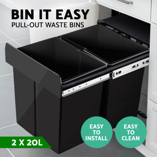 Cefito Pull Out Bin Kitchen Double Basket 2X20L Black - Image 5