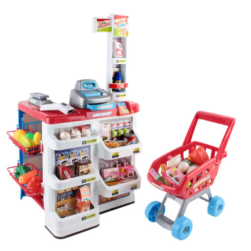 Keezi Kids Pretend Role Play Supermarket 24 Piece Playset Cash Register Trolley - Image 2