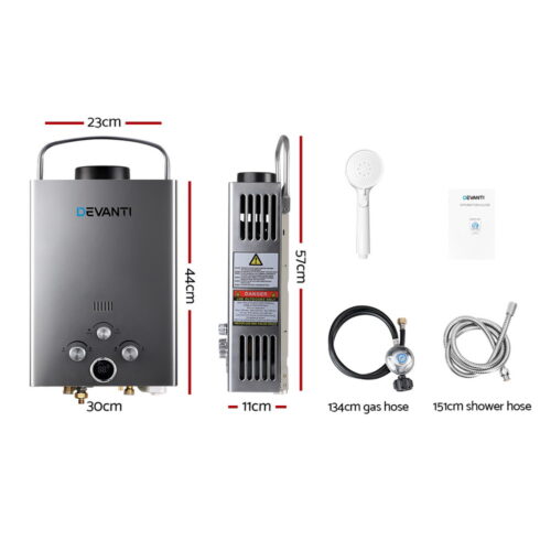 Devanti Portable Gas Water Heater 8L/Min LPG System Grey - Image 3