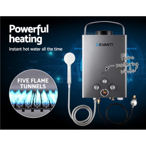 Devanti Portable Gas Water Heater 8L/Min LPG System Grey - Image 6
