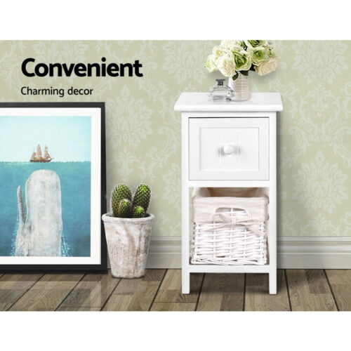 Artiss Bedside Table 1 Drawer with Basket Rustic White X2 - Image 3