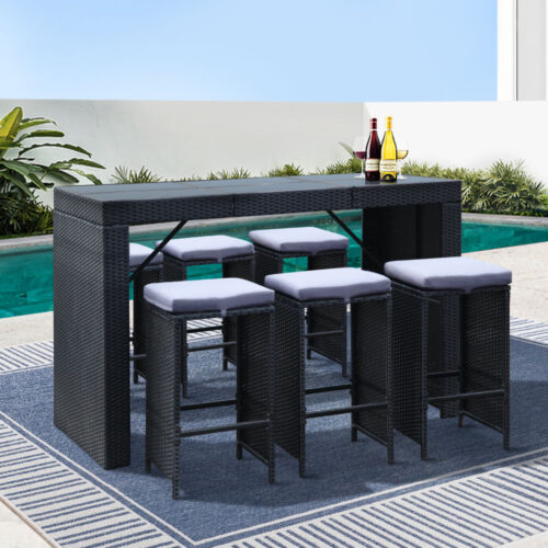 Gardeon 7-Piece Outdoor Bar Set Dining Table Stools Wicker Patio Setting - Image 7