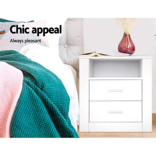 Artiss Bedside Table 2 Drawers with Shelf - TARA White - Image 2