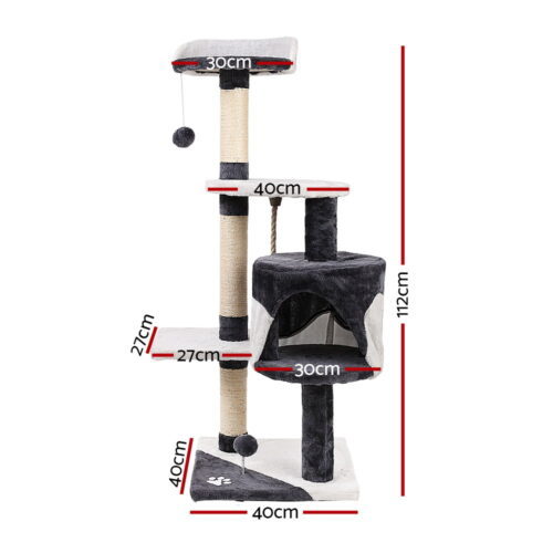 i.Pet Cat Tree 112cm Tower Scratching Post Scratcher Wood Condo House Furniture - Image 2
