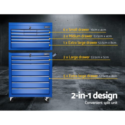 Giantz Tool Chest and Trolley Box Cabinet 16 Drawers Cart Garage Storage Blue - Image 4