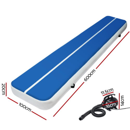 Everfit 6X1M Inflatable Air Track Mat 20CM Thick with Pump Tumbling Gymnastics Blue - Image 3