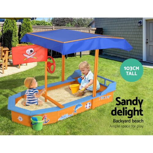 Keezi Kids Sandpit Wooden Boat Sand Pit with Canopy Bench Seat Beach Toys 150cm - Image 4