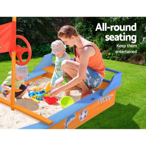 Keezi Kids Sandpit Wooden Boat Sand Pit with Canopy Bench Seat Beach Toys 150cm - Image 5