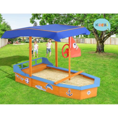 Keezi Kids Sandpit Wooden Boat Sand Pit with Canopy Bench Seat Beach Toys 150cm - Image 7