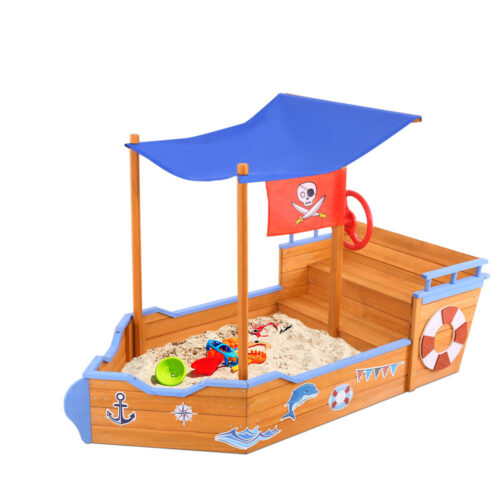 Keezi Kids Sandpit Wooden Boat Sand Pit with Canopy Bench Seat Beach Toys 165cm - Image 2