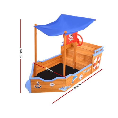 Keezi Kids Sandpit Wooden Boat Sand Pit with Canopy Bench Seat Beach Toys 165cm - Image 3