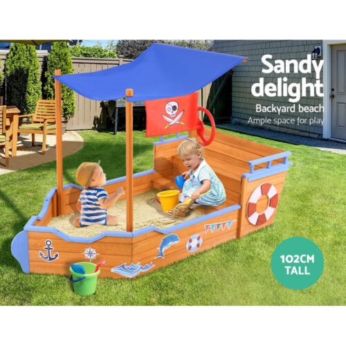 Keezi Kids Sandpit Wooden Boat Sand Pit with Canopy Bench Seat Beach Toys 165cm - Image 4