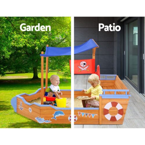 Keezi Kids Sandpit Wooden Boat Sand Pit with Canopy Bench Seat Beach Toys 165cm - Image 5