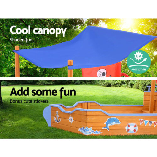 Keezi Kids Sandpit Wooden Boat Sand Pit with Canopy Bench Seat Beach Toys 165cm - Image 6