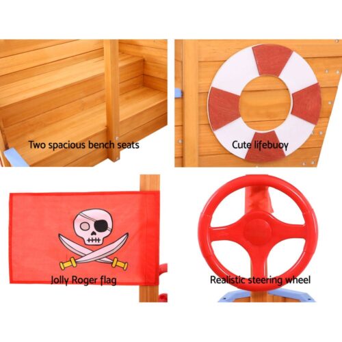 Keezi Kids Sandpit Wooden Boat Sand Pit with Canopy Bench Seat Beach Toys 165cm - Image 7