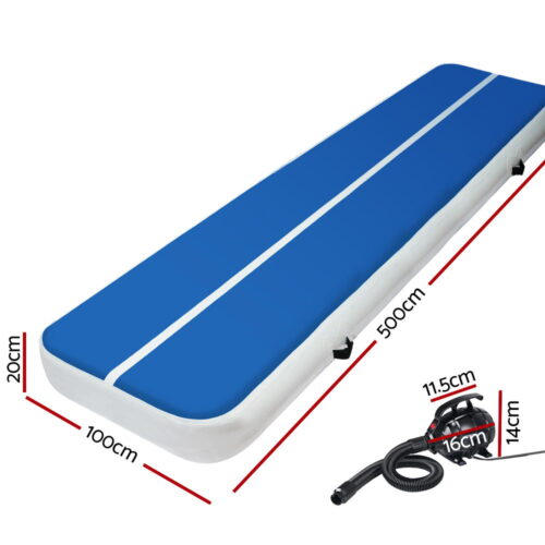 Everfit 5X1M Inflatable Air Track Mat 20CM Thick with Pump Tumbling Gymnastics Blue - Image 3