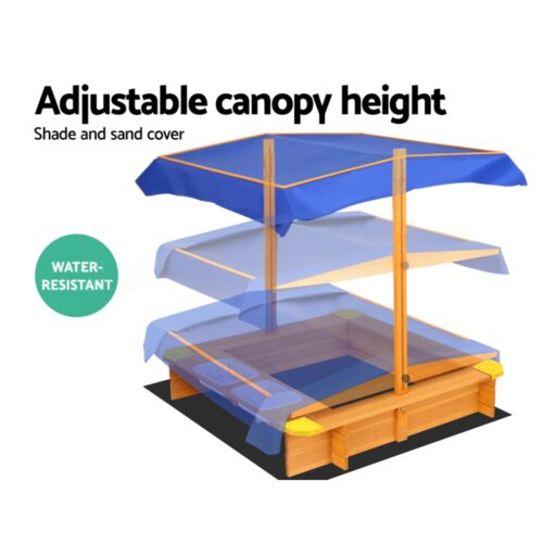 Keezi Kids Sandpit Wooden Sandbox Sand Pit with Canopy Water Basin Toys 103cm - Image 5