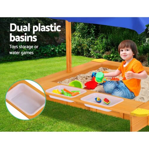 Keezi Kids Sandpit Wooden Sandbox Sand Pit with Canopy Water Basin Toys 103cm - Image 6