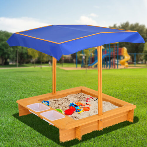 Keezi Kids Sandpit Wooden Sandbox Sand Pit with Canopy Water Basin Toys 103cm - Image 7