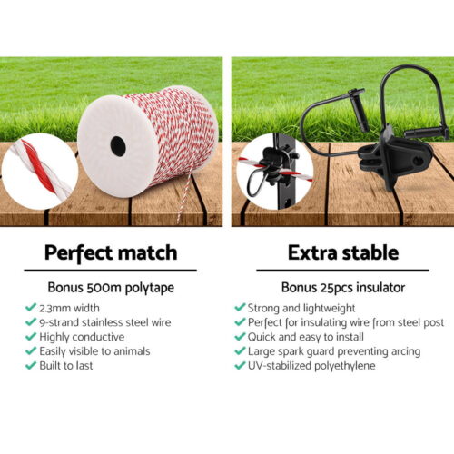 Giantz Fence Energiser 8KM Solar Powered Electric 500M Poly Wire Insulator - Image 6