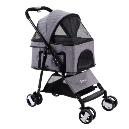 i.Pet Pet Stroller Dog Pram Cat Carrier Travel Large Pushchair Foldable 4 Wheels Grey - Image 2