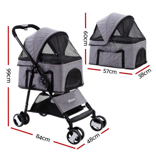 i.Pet Pet Stroller Dog Pram Cat Carrier Travel Large Pushchair Foldable 4 Wheels Grey - Image 3