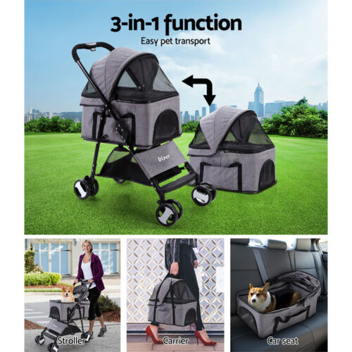 i.Pet Pet Stroller Dog Pram Cat Carrier Travel Large Pushchair Foldable 4 Wheels Grey - Image 5