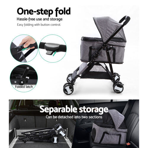i.Pet Pet Stroller Dog Pram Cat Carrier Travel Large Pushchair Foldable 4 Wheels Grey - Image 6