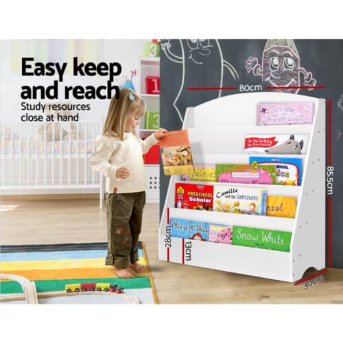 Keezi 5 Tiers Kids Bookshelf Magazine Shelf Organiser Bookcase Display Rack White - Image 5