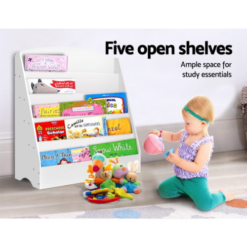 Keezi 5 Tiers Kids Bookshelf Magazine Shelf Organiser Bookcase Display Rack White - Image 6
