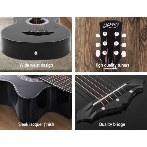 Alpha 38 Inch Acoustic Guitar Wooden Body Steel String Full Size Cutaway Black - Image 5