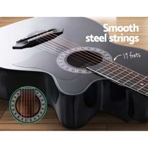Alpha 38 Inch Acoustic Guitar Wooden Body Steel String Full Size w/ Stand Black - Image 4