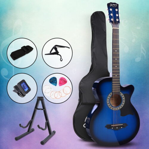 Alpha 38 Inch Acoustic Guitar Wooden Body Steel String Full Size w/ Stand Blue - Image 8