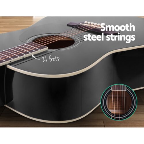 Alpha 41 Inch Acoustic Guitar Wooden Body Steel String Dreadnought Stand Black - Image 5